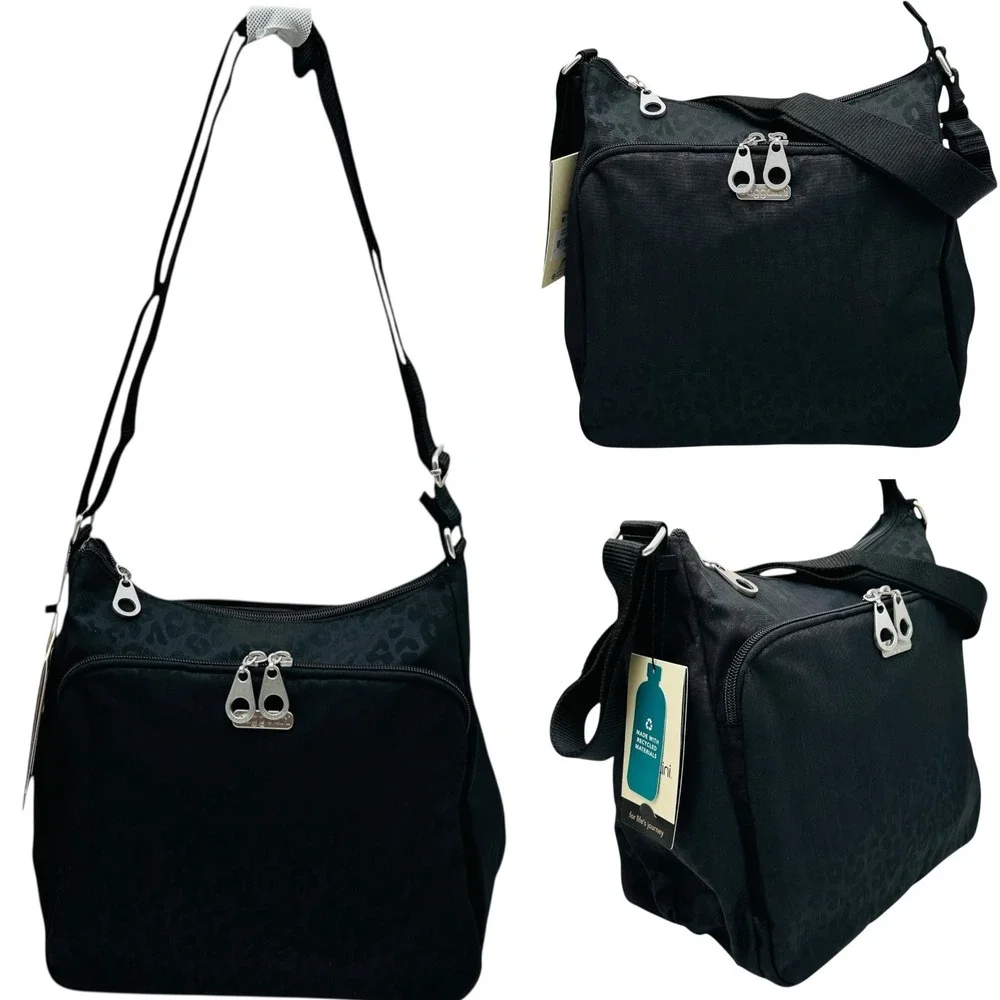 Baggallini Joey Large Hobo Crossbody Black CHEETAH PRINT Water-Resistant‎ Nylon